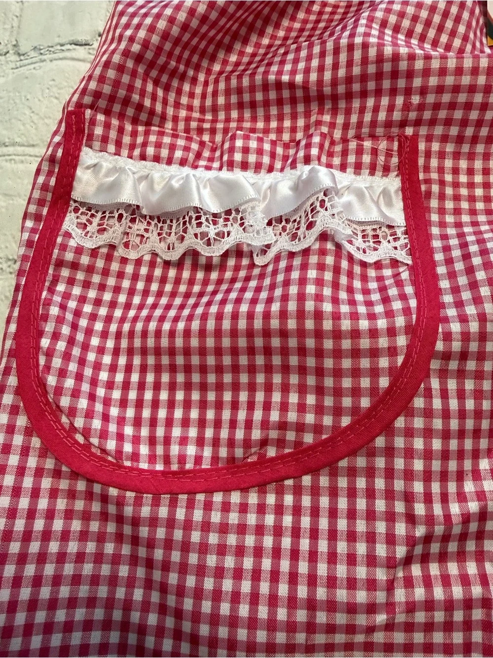 Pet Warrior Dog Custome Red & White Gingham Apron Dress with Lace Trim. Hallowee